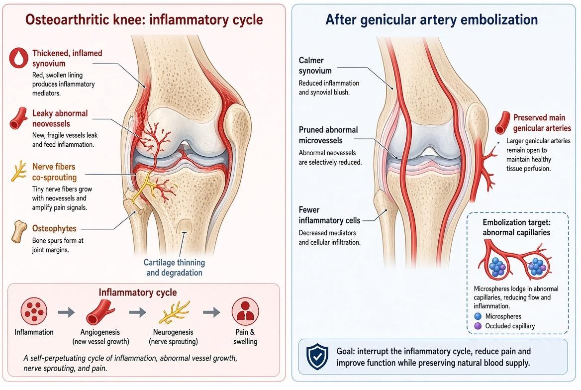 Side-by-side illustration: an osteoarthritic knee with inflamed synovium, abnormal neovessels, and nerve ingrowth, and the same knee after genicular artery embolization with calmer synovium and preserved main genicular arteries