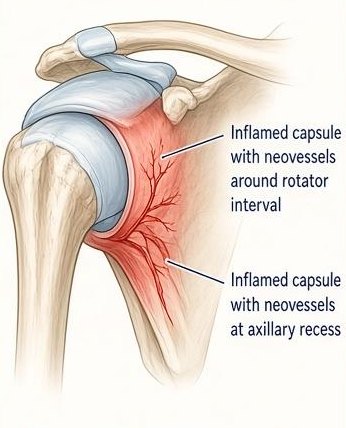 Illustration of an inflamed shoulder capsule with abnormal new vessels at the rotator interval and axillary recess in frozen shoulder