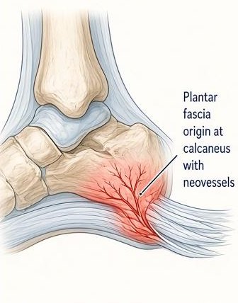 Illustration of chronic plantar fasciitis showing abnormal new vessels at the plantar fascia origin on the heel