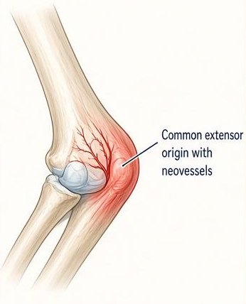 Illustration of lateral epicondylitis (tennis elbow) showing abnormal new vessels at the common extensor tendon origin