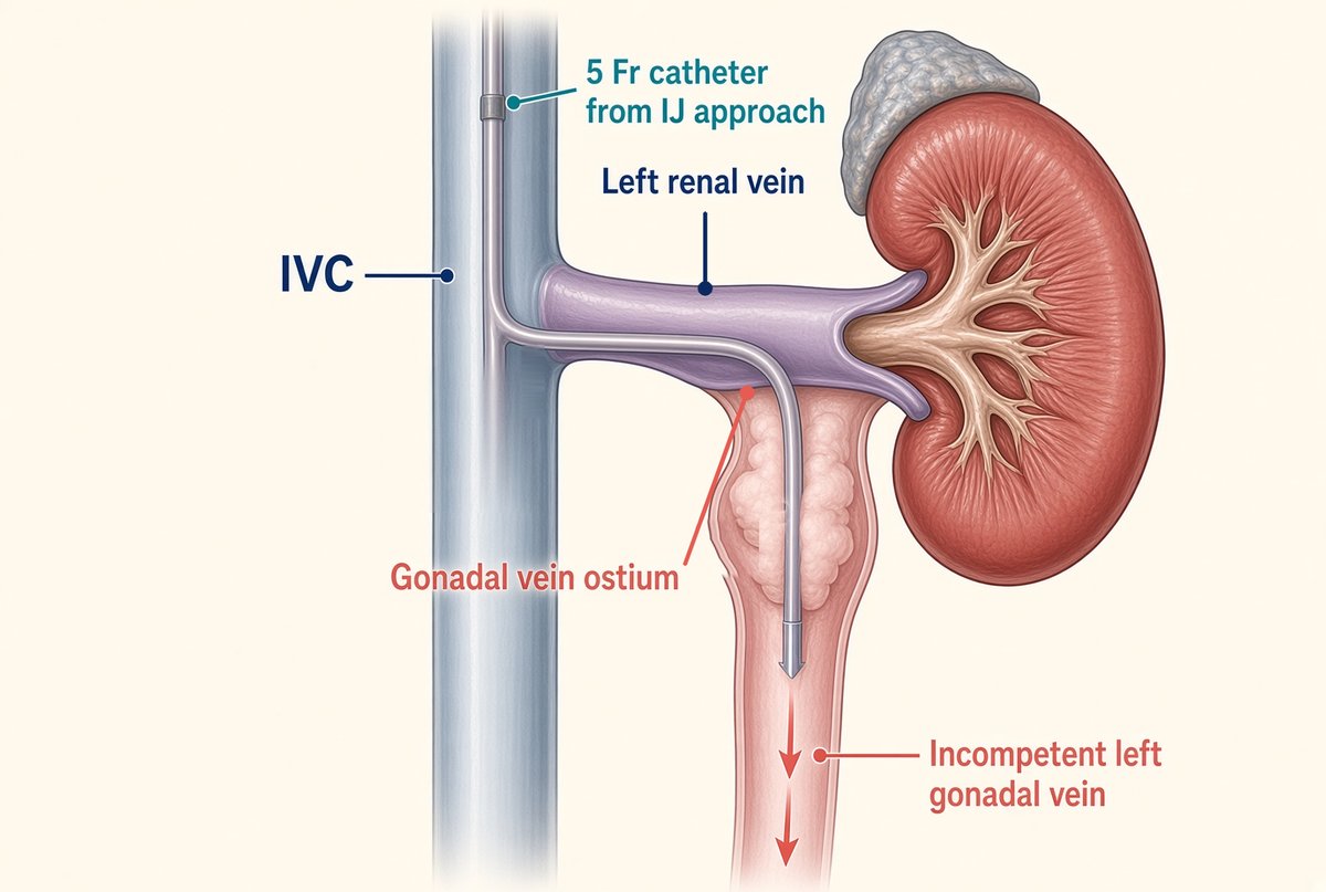 Close-up illustration of a catheter passing from the inferior vena cava into the left renal vein and down into the incompetent left gonadal vein through its ostium, with arrows showing reflux toward the scrotum.